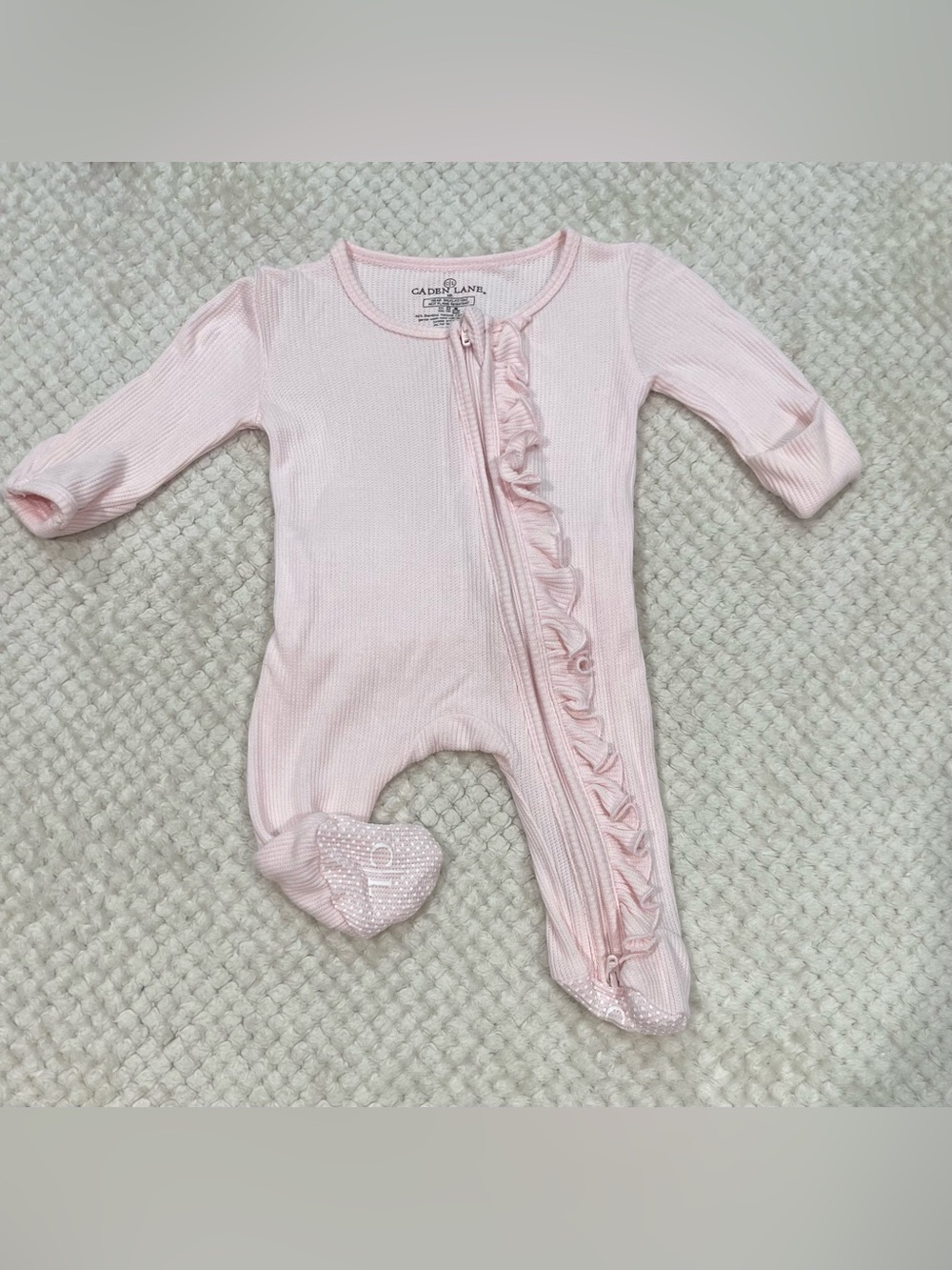 Caden Lane Pearl Pink Bamboo Waffle Ruffle Footie NB